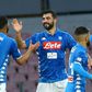 Napoli's Spanish defender Raul Albiol (c) celebrates his first goal this season.