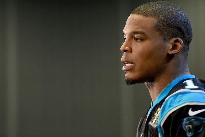 Quarterback Cam Newton of the Carolina Panther addresses the media prior to Super Bowl 50 at the San Jose Convention Center February 3, 2016