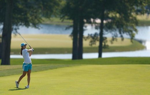 Haruka Morita of China watches her second shot on the fifth hole during the first round of the US Women's Open Championship at Trump National Golf Course on July 13, 2017 in Bedminster, New Jersey