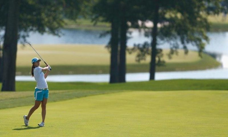 Haruka Morita of China watches her second shot on the fifth hole during the first round of the US Women's Open Championship at Trump National Golf Course on July 13, 2017 in Bedminster, New Jersey
