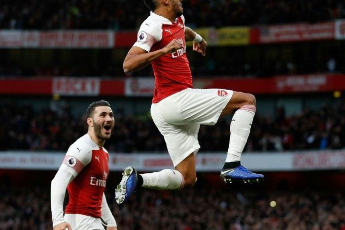 Pierre-Emerick Aubameyang celebrates after scoring Arsenal's equaliser in their thrilling win over Tottenham