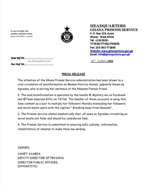 Ghana Prisons Service breaks silence on Agradaa health rumours