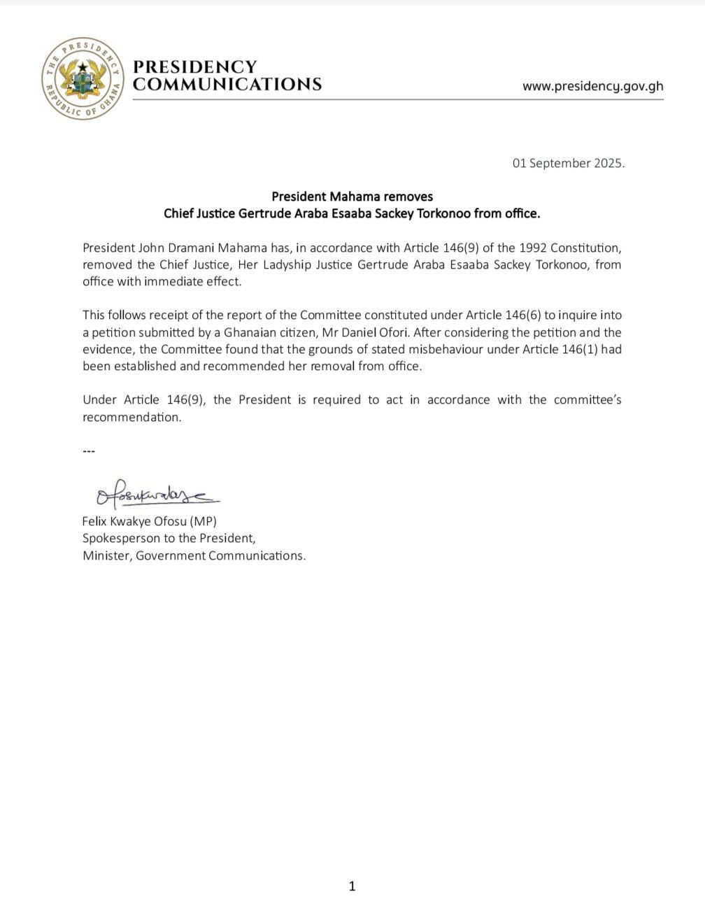 Presidency statement