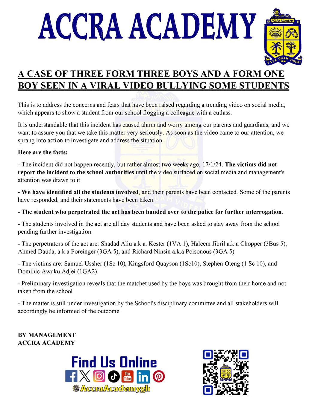 Accra Academy hands over student involved in machete flogging incident to police