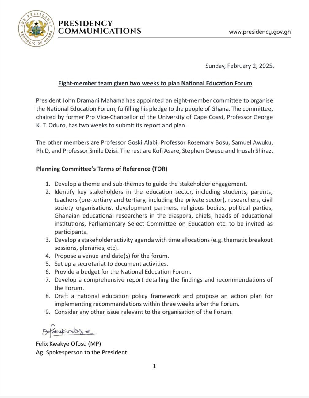 Mahama sets up 8-member committee to organise National Education Forum