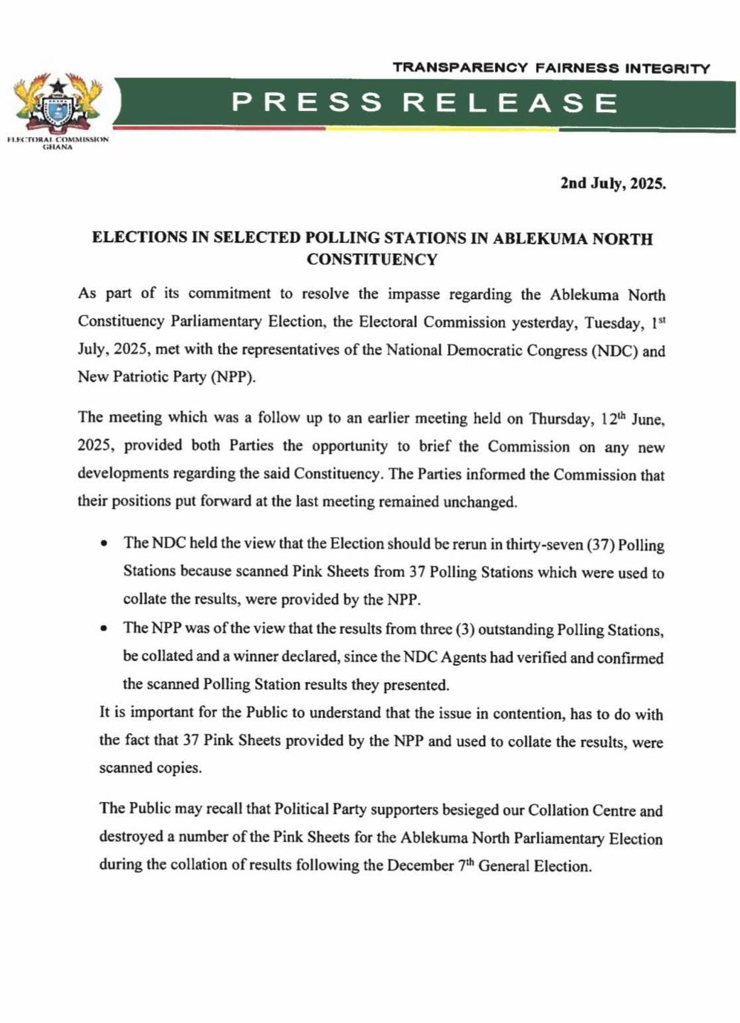 EC to rerun parliamentary elections in 19 disputed polling stations in Ablekuma North