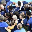 The French national handball team celebrate after winning their semi-final handball match against Slovenia on January 26, 2017 at the AccorHotels Arena in Paris