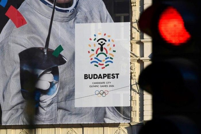 A poster shows Hungarian Olympic sabre gold medal winner in Rio de Janeiro 2016 and London 2012, Aron Szilagyi, advertising Budapest's bid to host the 2024 Olympic Games, in Budapest on January 17, 2017