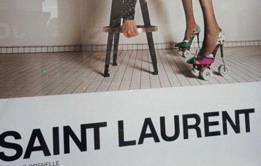 Yves Saint Laurent have been accused of 'degrading' models and 'inciting rape' with a new French advertising campaign. One image (above) shows a model in a leotard and roller skate stilettos bending over a stool