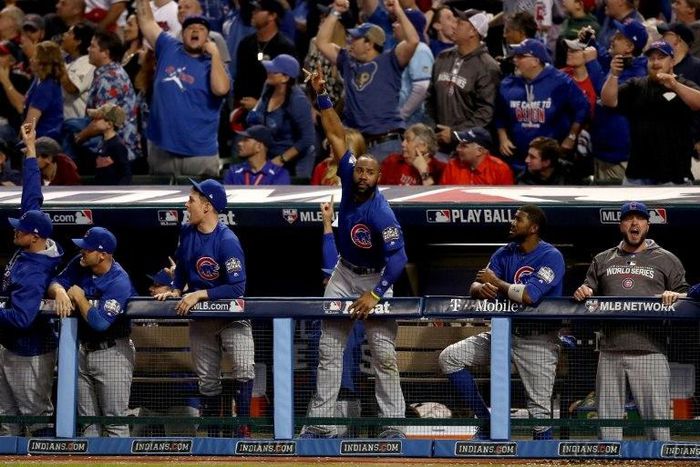 Chicago Cubs players celebrate a two-run home run during the ninth inning against the Cleveland Indians in Game Six of the 2016 World Series on November 1, 2016