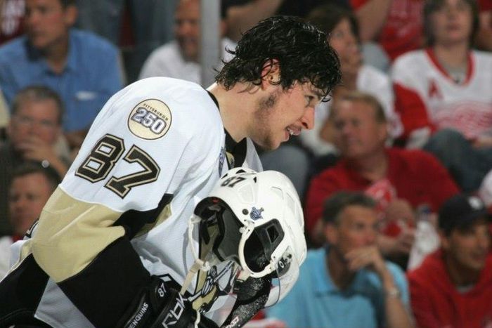 Sidney Crosby of the Pittsburgh Penguins skates towards the bench during the 2008 NHL Stanley Cup Final against the Detroit Red Wings