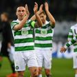 Celtic's Scott Brown (L) celebrates with teammates after their UEFA Champions league Group C 1-1 draw with Borussia Gladbach, in Moenchengladbach, western Germany, on November 1, 2016