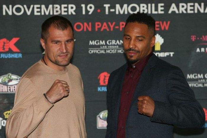 Sergey Kovalev (L) and Andre Ward square up during the press conference for the November 19 Kovalev v Ward "Pound for Pound" bout at Le Parker Meridien in Las Vegas on September 6, 2016 in New York City