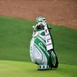 The bag of Dustin Johnson of the United States is seen on the tenth hole during a practice round prior to the start of the 2017 Masters Tournament at Augusta National Golf Club on April 5, 2017 in Augusta, Georgia