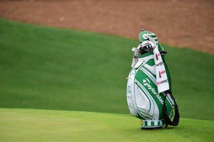 The bag of Dustin Johnson of the United States is seen on the tenth hole during a practice round prior to the start of the 2017 Masters Tournament at Augusta National Golf Club on April 5, 2017 in Augusta, Georgia