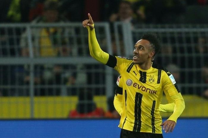 Dortmund's Gabonese forward Pierre-Emerick Aubameyang celebrates after scoring against FC Bayern Munich in Dortmund on November 19, 2016