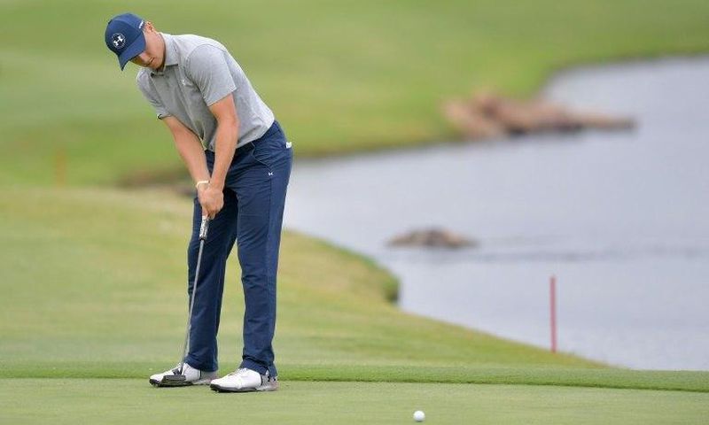 Jordan Spieth putts on on the 18th green during Round Two of the AT&T Byron Nelson at the TPC Four Seasons Resort Las Colinas on May 19, 2017