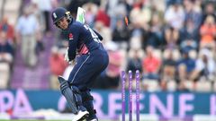 Bails fly as England's Jason Roy is bowled by South Africa's Kagiso Rabada in the second one-day international of a three-match series in Southampton on May 27, 2017