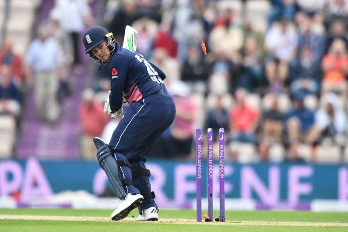 Bails fly as England's Jason Roy is bowled by South Africa's Kagiso Rabada in the second one-day international of a three-match series in Southampton on May 27, 2017