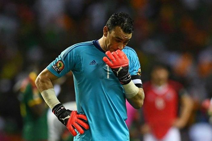Egypt's goalkeeper Essam El-Hadary reacts after his side's 2-1 defeat to Cameroon in the 2017 Africa Cup of Nations final at the Stade de l'Amitie Sino-Gabonaise in Libreville on February 5, 2017