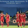 Tunisia's midfielder Naim Sliti (C) celebrates with teammates after scoring a goal during the 2017 Africa Cup of Nations group B football match between Algeria and Tunisia in Franceville on January 19, 2017