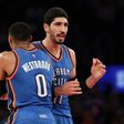 Russell Westbrook and Enes Kanter of the Oklahoma City Thunder, seen in action during a NBA game at Madison Square Garden in New York