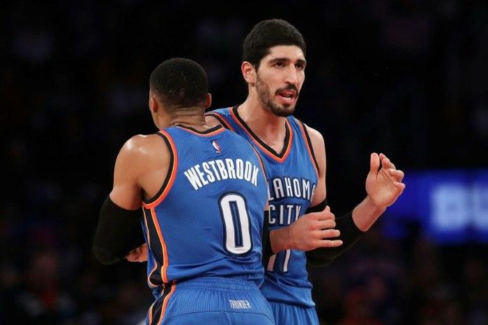 Russell Westbrook and Enes Kanter of the Oklahoma City Thunder, seen in action during a NBA game at Madison Square Garden in New York