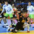 Spain's pivot Julen Aguinagalde jumps to shoot on goal during the 25th IHF Men's World Championship 2017 Group B handball match Spain vs Slovenia on January 19, 2017