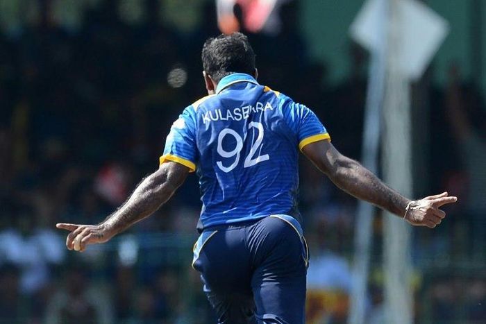 Sri Lanka bowler Nuwan Kulasekara celebrates after he dismissed Bangladesh batsman Sabbir Rahman (unseen) during the third and final one day international in Colombo, on April 1, 2017