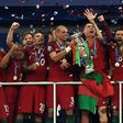 (From R) Portugal's midfielder Adrien Silva, Portugal's midfielder Joao Mario, Portugal's midfielder Andre Gomes, Portugal's midfielder Joao Moutinho, Portugal's forward Cristiano Ronaldo, Portugal's defender Pepe, Portugal's forward Ricardo Quaresma a...