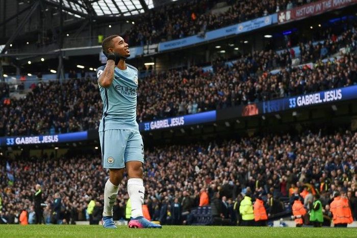 Manchester City's striker Gabriel Jesus celebrates after scoring at the Etihad Stadium in Manchester, north west England, on February 5, 2017