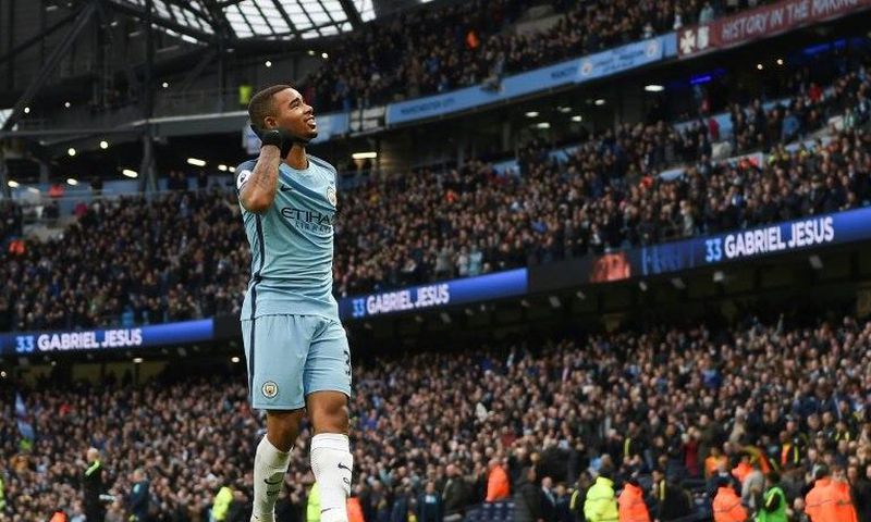 Gabriel Jesus celebrates after scoring Manchester City's winner against Swansea City at the Etihad Stadium on February 5, 2017
