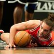 Joakim Noah, then of the Chicago Bulls, pictured during game one of their first round NBA playoff game against the Brooklyn Nets in New York, on April 20, 2013