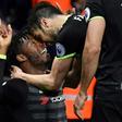 Chelsea's striker Michy Batshuayi (L) celebrates with teammates scoring against West Bromwich Albion on May 12, 2017