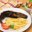 Grilled catfish, chips, pepper sauce and salad