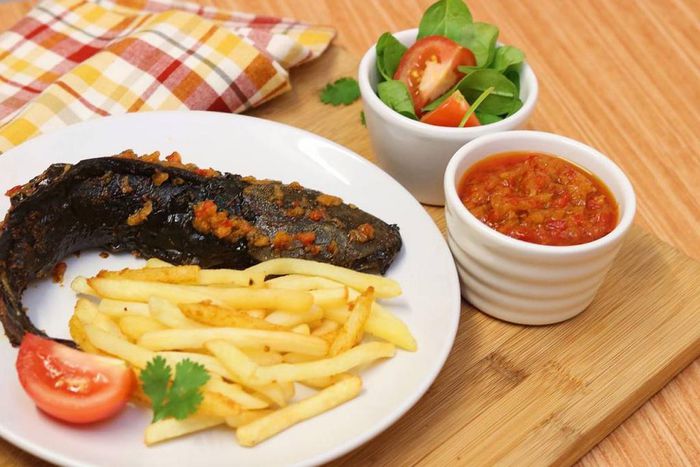 Grilled catfish, chips, pepper sauce and salad