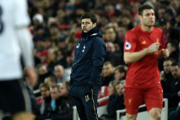 Tottenham Hotspur's Argentinian head coach Mauricio Pochettino gestures on the touchline during the English Premier League football match between Liverpool and Tottenham Hotspur at Anfield in Liverpool, north west England on February 11, 2017
