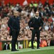 Manchester City's Pep Guardiola (R) will be looking to score a season's second win over Manchester United's Jose Mourinho on Wednesday in the English League Cup fourth round