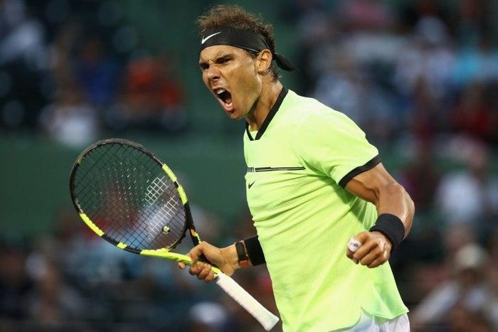 Rafael Nadal of Spain celebrates defeating Philipp Kohlschreiber of Germany, at Miami Open, on March 26, 2017
