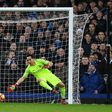 Manchester City's goalkeeper Claudio Bravo cannot stop Everton's striker Kevin Mirallas's shot for their second goal during the English Premier League football match at Goodison Park in Liverpool, north-west England on January 15, 2017
