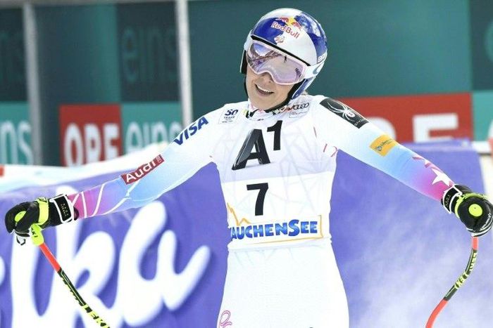 Lindsey Vonn of the US reacts after her run during the World Cup downhill race at Altenmarkt-Zauchense, Austria, on January 15, 2017