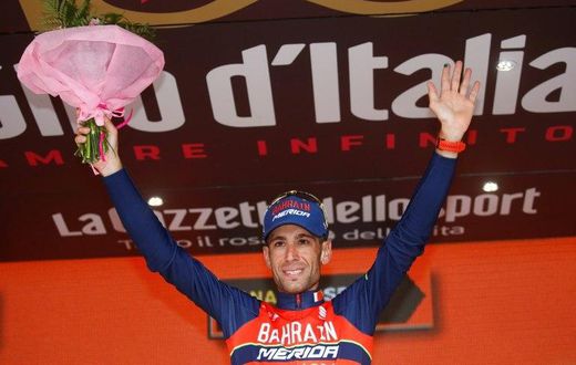 Italy's rider of team Bahrain - Merida Vincenzo Nibali celebrates on the podium after winning the 16th stage of the 100th Giro d'Italia, Tour of Italy, cycling race from Rovetta to Bormio on May 23, 2017