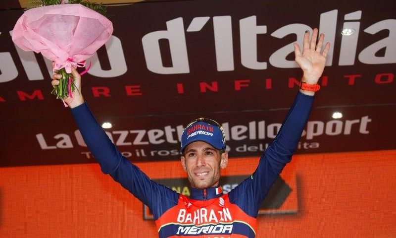 Italy's rider of team Bahrain - Merida Vincenzo Nibali celebrates on the podium after winning the 16th stage of the 100th Giro d'Italia, Tour of Italy, cycling race from Rovetta to Bormio on May 23, 2017