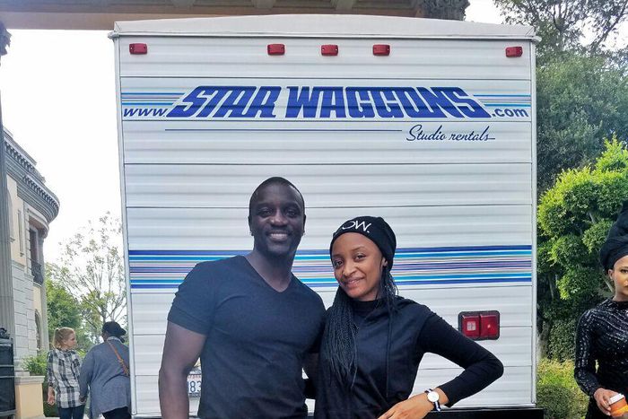 Rahama Sadau and Akon on set of "The American King"