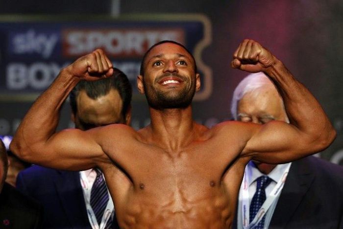 Britain's Kell Brook poses during the weigh-in for his middleweight fight against Gennady Golovkin of Kazakhstan in London, on September 9, 2016