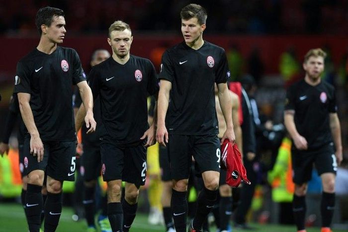 Zorya Luhansk players leave the pitch following their UEFA Europa League Group A match against Manchester United, at Old Trafford in Manchester, on September 29, 2016
