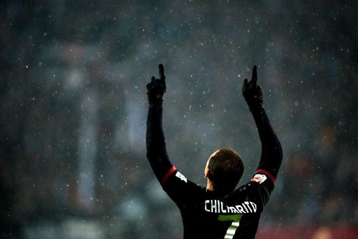 Leverkusen's forward Javier Hernandez (Chicharito) celebrates scoring the 2-0 during the German First division Bundesliga football match against Eintracht Frankfurt in Leverkusen, western Germany, on February 11, 2017