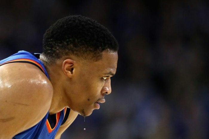 Russell Westbrook of the Oklahoma City Thunder looks on during their game against the Golden State Warriors January 18, 2017 in Oakland, California