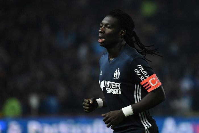 Olympique de Marseille's French forward Bafetimbi Gomis reacts after scoring during the French L1 football match between Nantes and Marseille on February 12, 2017