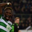 Celtic's French striker Moussa Dembele celebrates scoring the equalizer from the penalty spot against Borussia Moenchengladbach on November 1, 2016